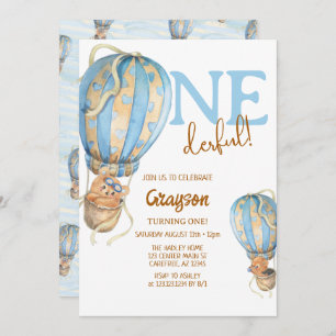 Invitation Ballons à air chaud Bleu Boho 1er anniversaire Inv