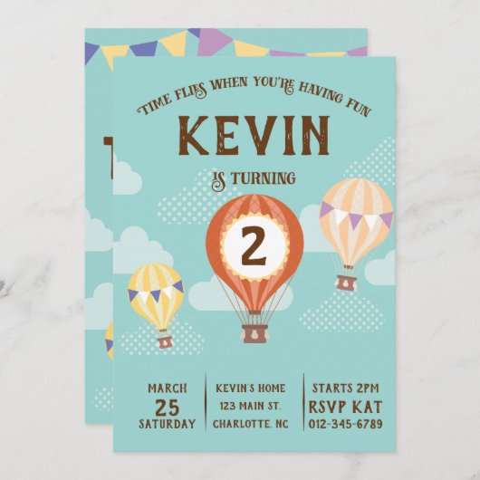Invitation Ballons à air chaud mignon Anniversaire. (Devant / Derrière)