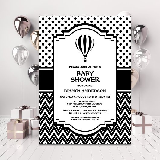 Invitation Ballons à air chaud noir et blanc baby shower