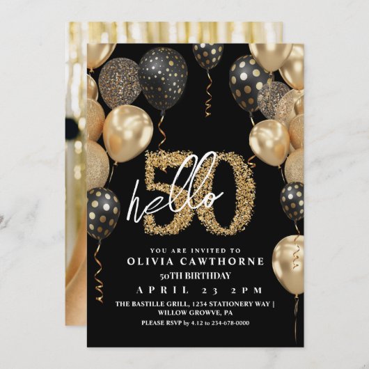 Invitation Ballons à air chaud noir et or 50e anniversaire (Devant / Derrière)