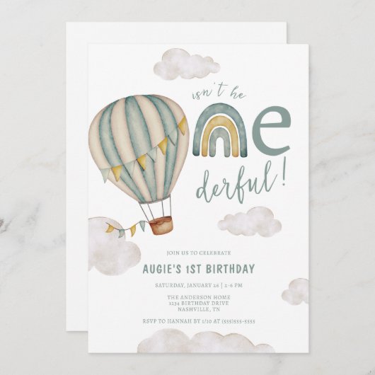 Invitation Ballons à air chaud Onederry Boys 1er anniversaire (Devant / Derrière)