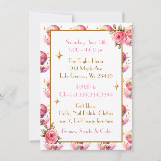 Invitation Ballons à air chaud rose et or joli Anniversaire (Dos)