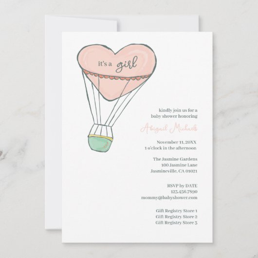 Invitation Ballons à air chaud rose mignon C'est un Baby show (Devant)