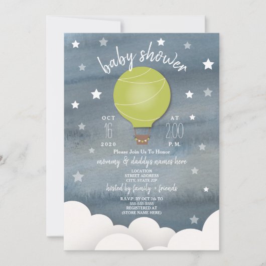 Invitation Ballons à air chaud vert + Étoiles Baby shower neu (Devant)