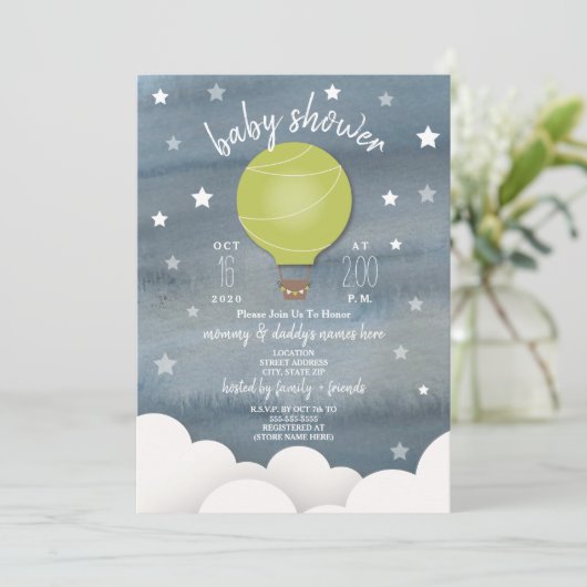 Invitation Ballons à air chaud vert + Étoiles Baby shower neu (Debout devant)