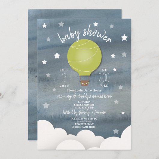 Invitation Ballons à air chaud vert + Étoiles Baby shower neu (Devant / Derrière)