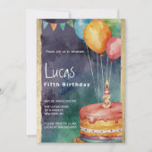 Invitation Ballons à gâteau bleu orange violet 5e anniversair (Devant)