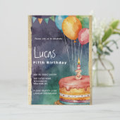 Invitation Ballons à gâteau bleu orange violet 5e anniversair (Debout devant)