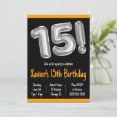 Invitation Ballons à huile noir et argent 15e anniversaire (Debout devant)