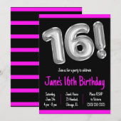Invitation Ballons à huile noir et argent 16e anniversaire (Devant / Derrière)