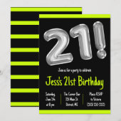 Invitation Ballons à huile noir et argent 21e anniversaire (Devant / Derrière)