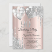 Invitation Ballons à Parties scintillant d'argent 90e anniver (Devant)
