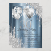 Invitation Ballons à Parties scintillant d'argent Bleu Métall (Devant / Derrière)