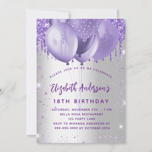 Invitation Ballons à parties scintillant d'argent violet d'an (Devant)