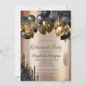 Invitation Ballons à Parties scintillant noire Retraite en ve (Devant)