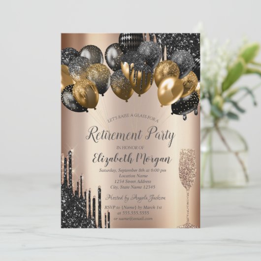 Invitation Ballons à Parties scintillant noire Retraite en ve (Debout devant)