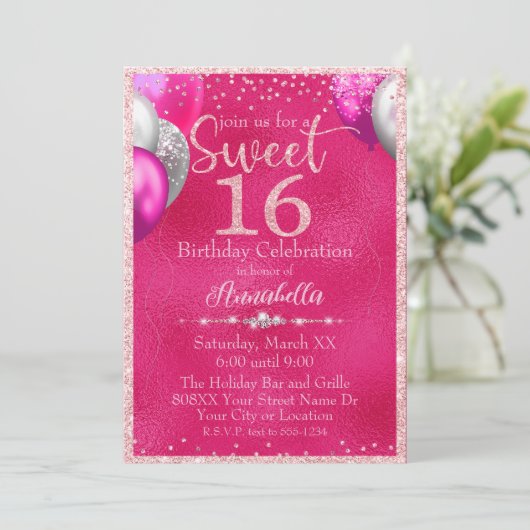 Invitation Ballons à Parties scintillant rose chaud doux 16 A (Debout devant)