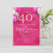 Invitation Ballons à Parties scintillant roses chaudes 40e an (Debout devant)