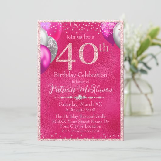 Invitation Ballons à Parties scintillant roses chaudes 40e an (Debout devant)