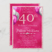 Invitation Ballons à Parties scintillant roses chaudes 40e an (Devant / Derrière)