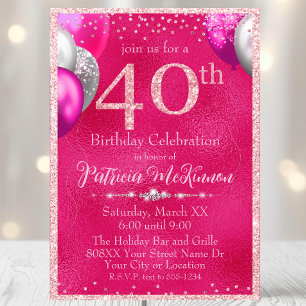 Invitation Ballons à Parties scintillant roses chaudes 40e an