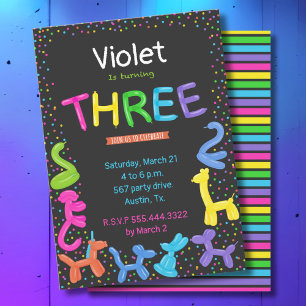 Invitation Ballons animaux couleur néon 3e anniversaire
