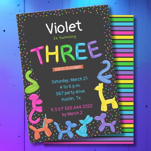 Invitation Ballons animaux couleur néon 3e anniversaire
