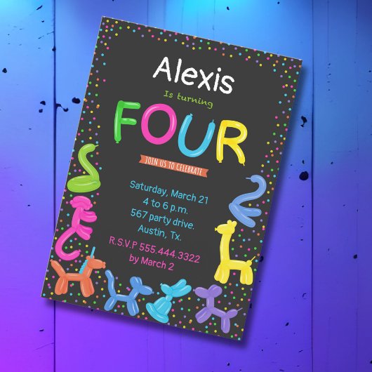 Invitation Ballons animaux couleur néon 4e anniversaire