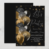 Invitation Ballons Anniversaire Black Gold Parties scintillan (Devant / Derrière)