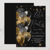 Invitation Ballons Anniversaire Black Gold Parties scintillan (Devant / Derrière)
