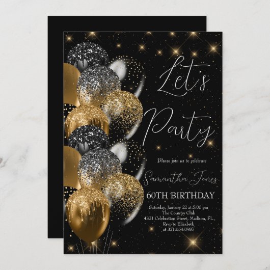 Invitation Ballons Anniversaire Black Gold Parties scintillan (Devant / Derrière)