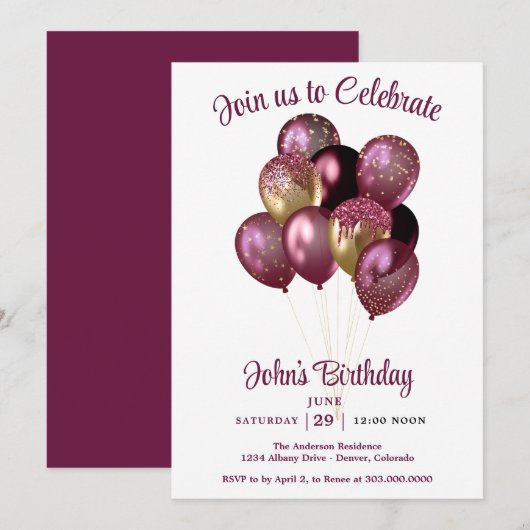 Invitation Ballons Anniversaire Homme (Devant / Derrière)