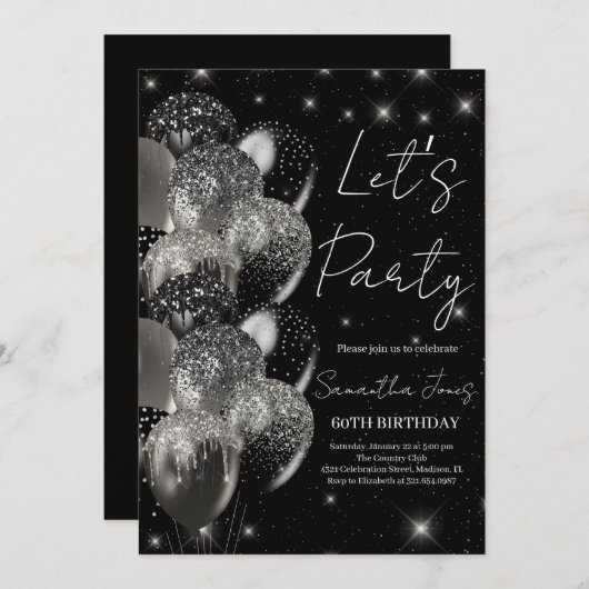 Invitation Ballons anniversaire noir argent parties scintilla (Devant / Derrière)