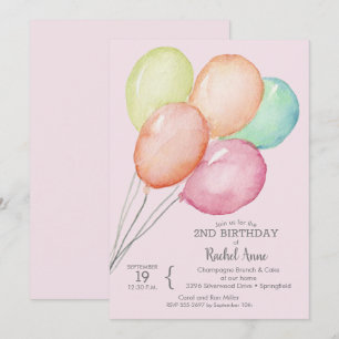 Invitation Ballons Aquarelle Fille 2ème Anniversaire