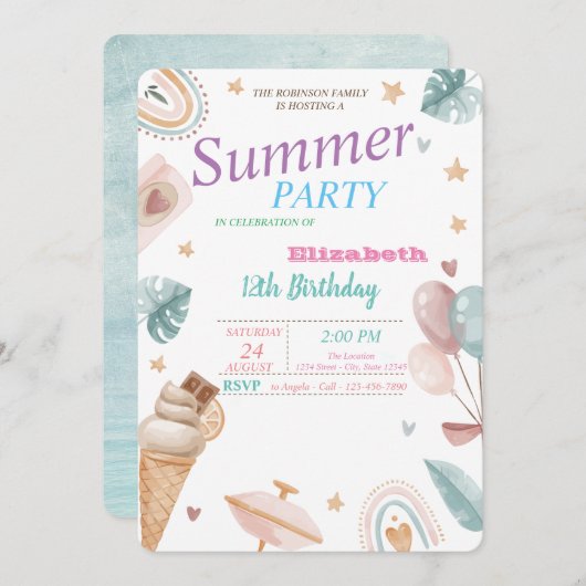 Invitation Ballons, Arc-en-ciel, Crème glacée Fête d'annivers (Devant / Derrière)