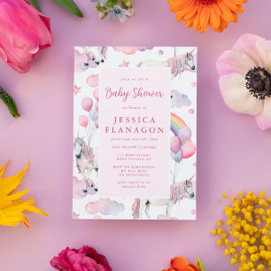 Invitation Ballons arc-en-ciel personnalisés Baby shower rose