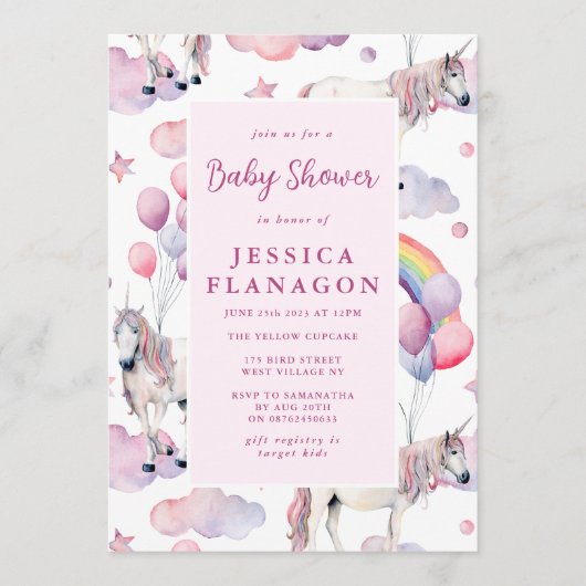 Invitation Ballons arc-en-ciel personnalisés Baby shower rose (Devant)