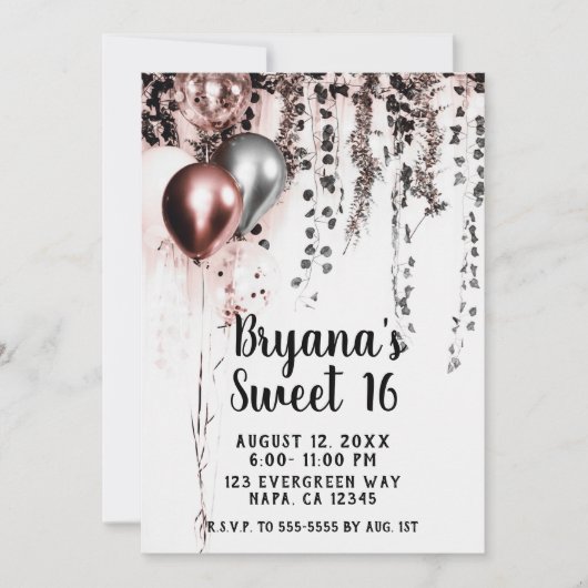 Invitation Ballons argent rose doré Rustique lierre Sweet 16 (Devant)