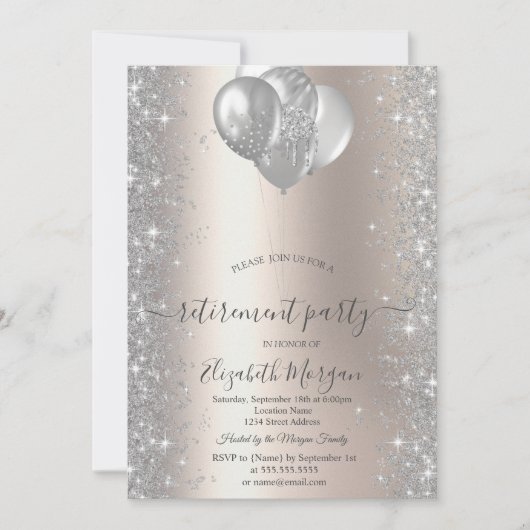 Invitation Ballons Argent Sparkle Diamonds Ivoire Retraite (Devant)