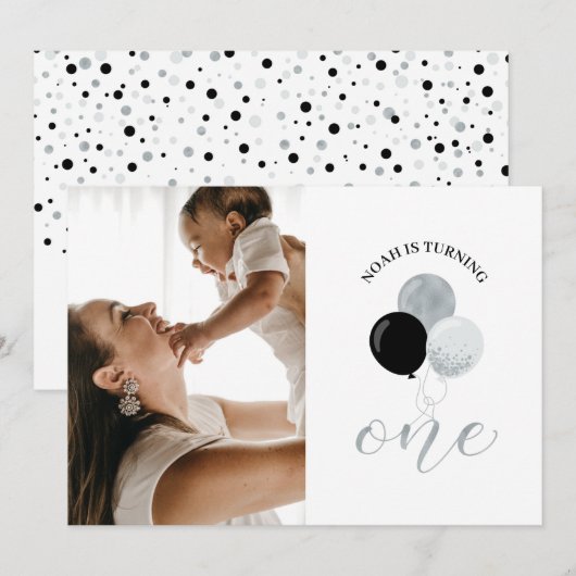 Invitation Ballons argenté et noir | Fête du 1er anniversaire (Devant / Derrière)