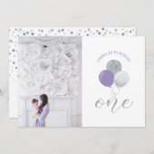 Invitation Ballons argenté et violet | Fille 1er fête d'anniv (Devant / Derrière)