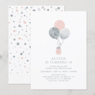 Invitation Ballons Argentés et Roses Modernes Fête d'annivers