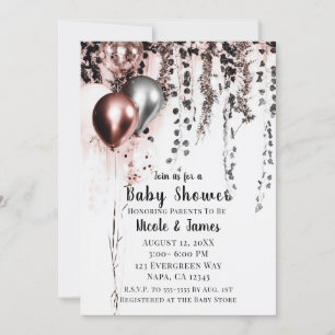Invitation Ballons argentés or rose et lierre Baby Shower