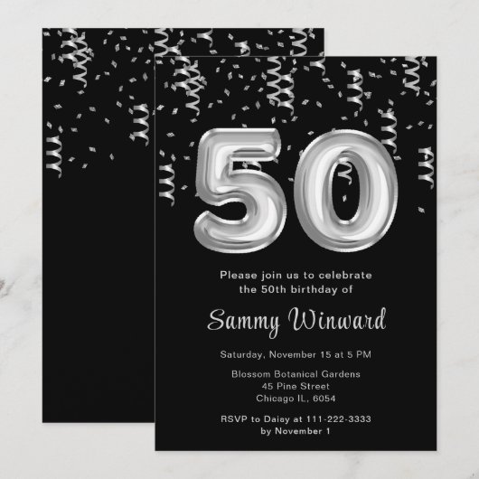 Invitation Ballons argentés pour 50e anniversaire avec confet (Devant / Derrière)
