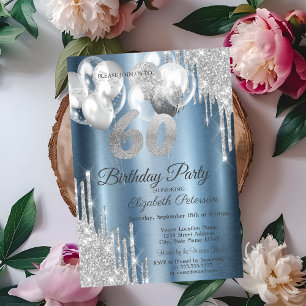 Invitation Ballons avec gouttes de paillettes argentées Bleu 