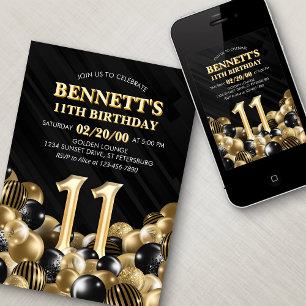 Invitation Ballons Black Gold 11e anniversaire
