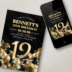 Invitation Ballons Black Gold 12e anniversaire