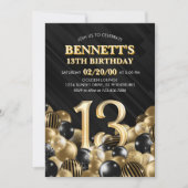 Invitation Ballons Black Gold 13e anniversaire (Devant)