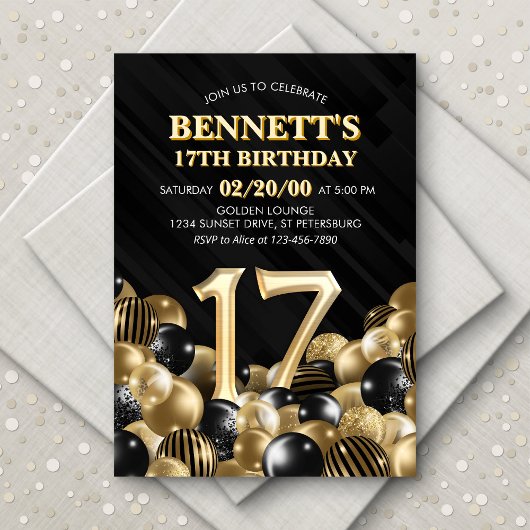 Invitation Ballons Black Gold 17e anniversaire