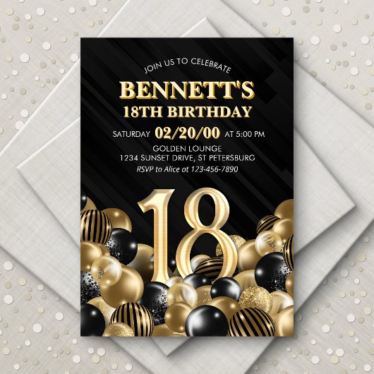 Invitation Ballons Black Gold 18e anniversaire